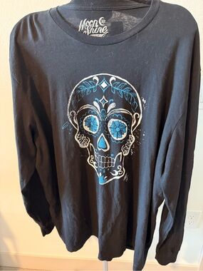 Moon Shine Spirit Black Long Sleeve Tee with Blue Sugar Skull Print